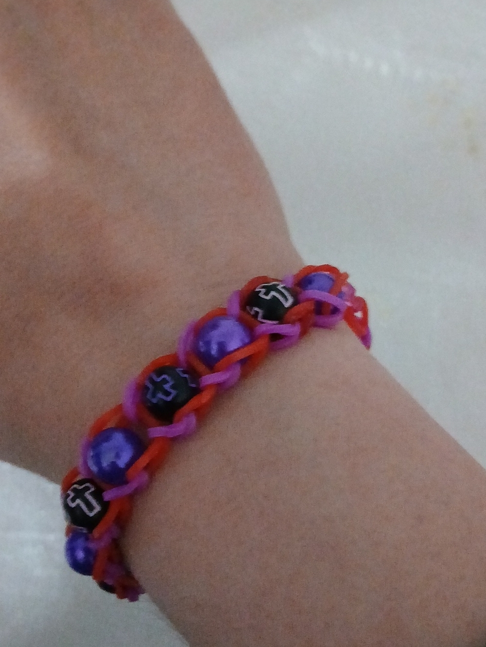 Purple Bead and Red-Pink Rubber Band Bracelet
